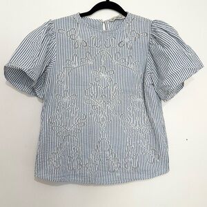 Zara striped blue blouse with lace floral cutout details mesh pin stripe size XS